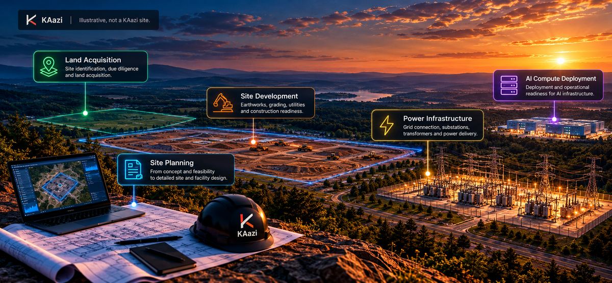 The stages of an AI infrastructure build: land acquisition, site planning, site development, power infrastructure, and AI compute deployment.